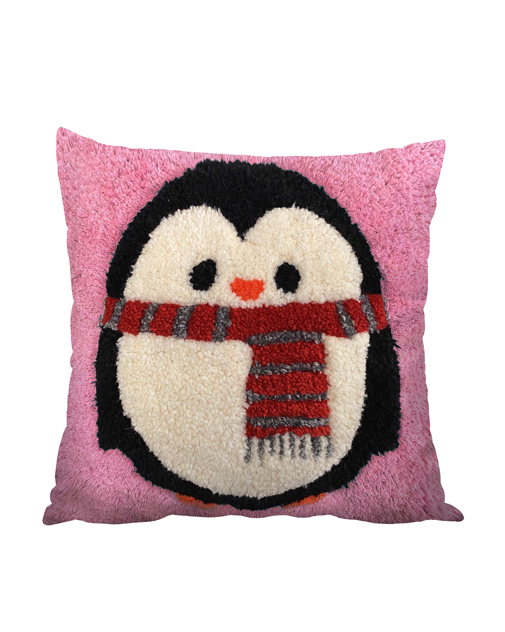 Pembe zeminli, atkılı penguen figürlü sevimli tufting yastık.