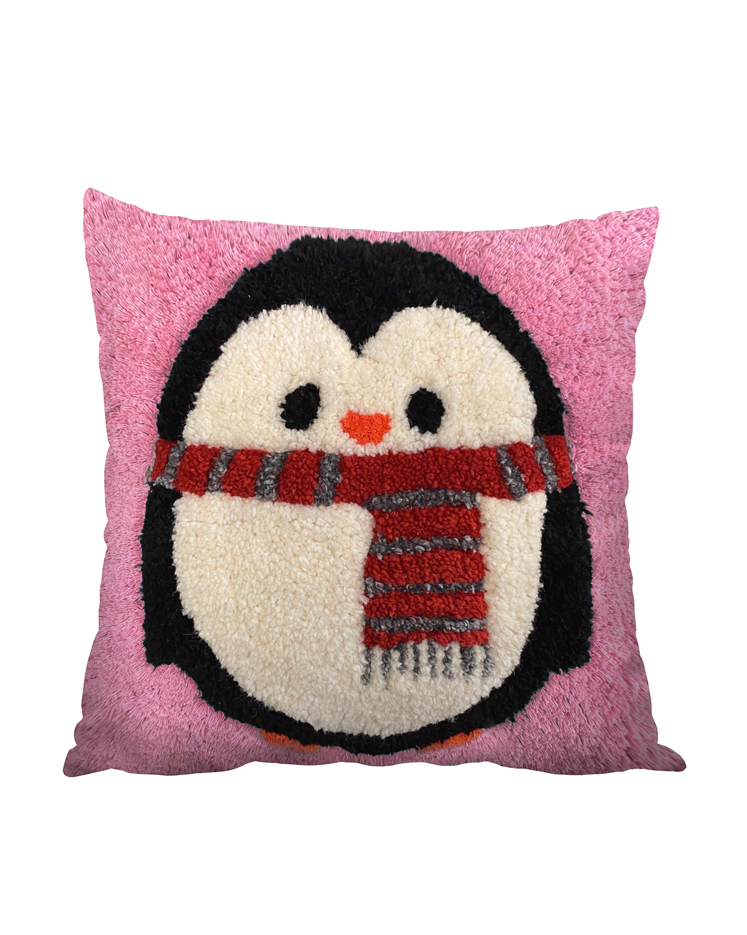 Pembe zeminli, atkılı penguen figürlü sevimli tufting yastık.