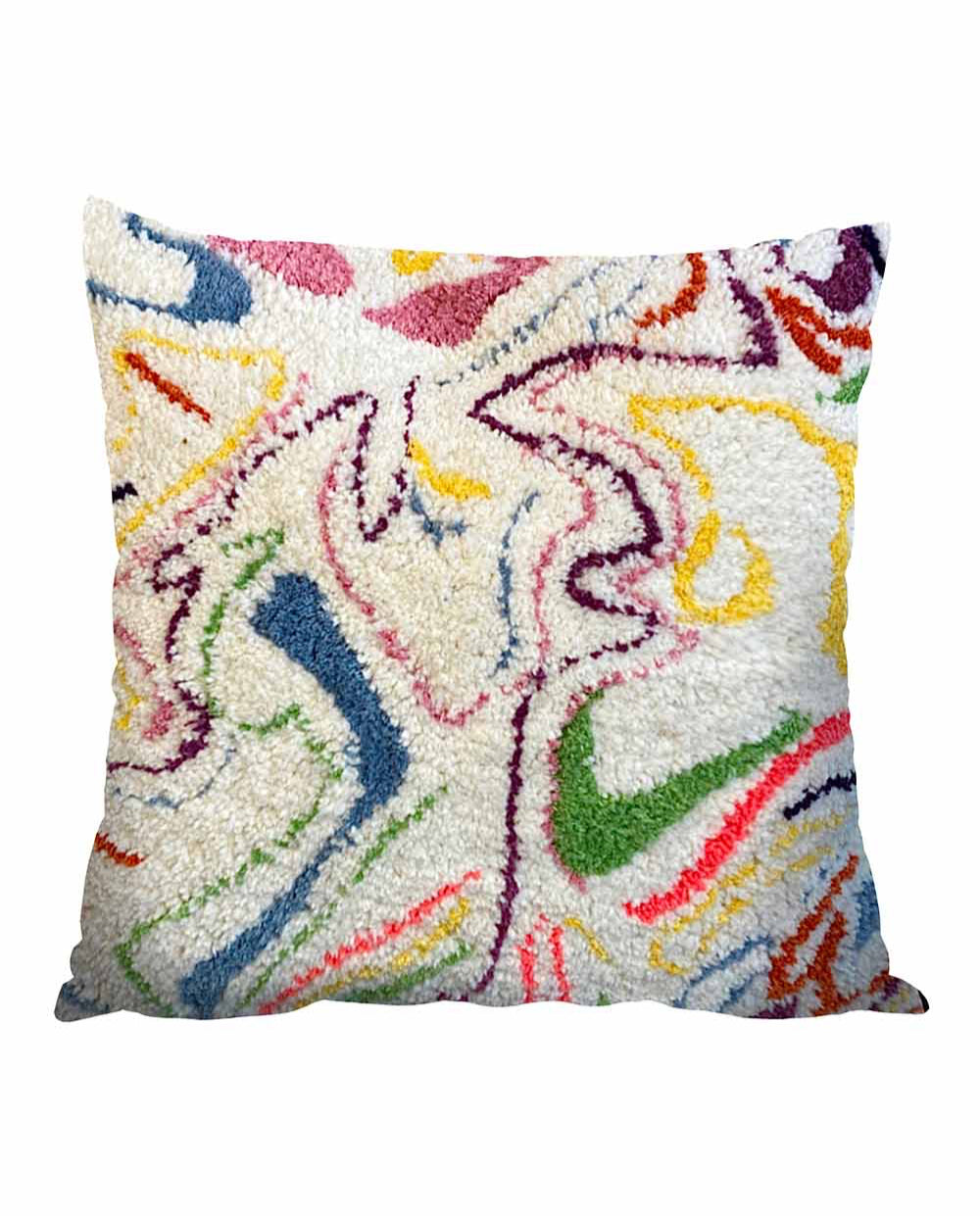 Canlı renklerde soyut desenli, el yapımı tufting kırlent.